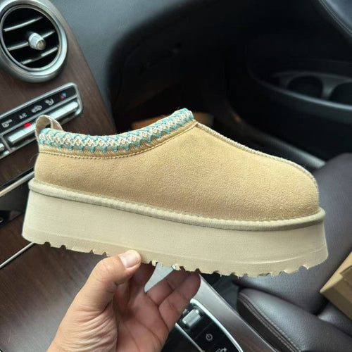 Platform Women's Slippers Genuine Suede Slip-on Warm Furry Shoes