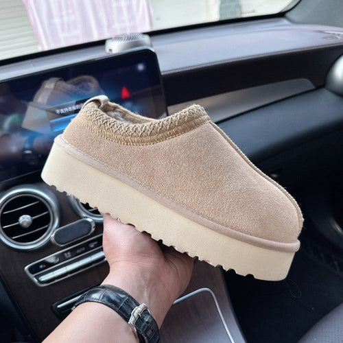 Platform Women's Slippers Genuine Suede Slip-on Warm Furry Shoes