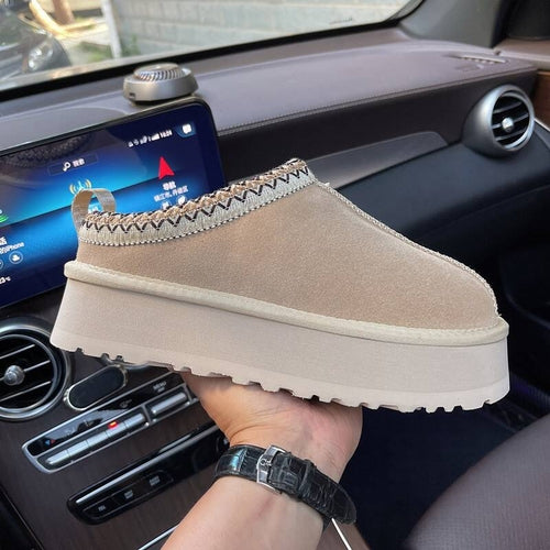 Platform Women's Slippers Genuine Suede Slip-on Warm Furry Shoes